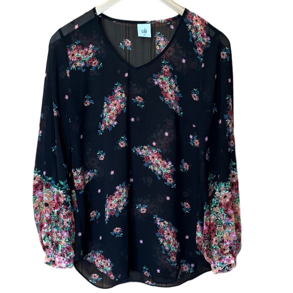 Cabi Top Women XS Blouse Blooming Sheer Black‎ Floral Popover Lightweight Garden